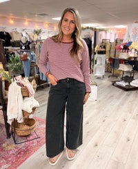 Cabernet Mini Waffle Texture Stripe Pullover Sweater: Burgundy