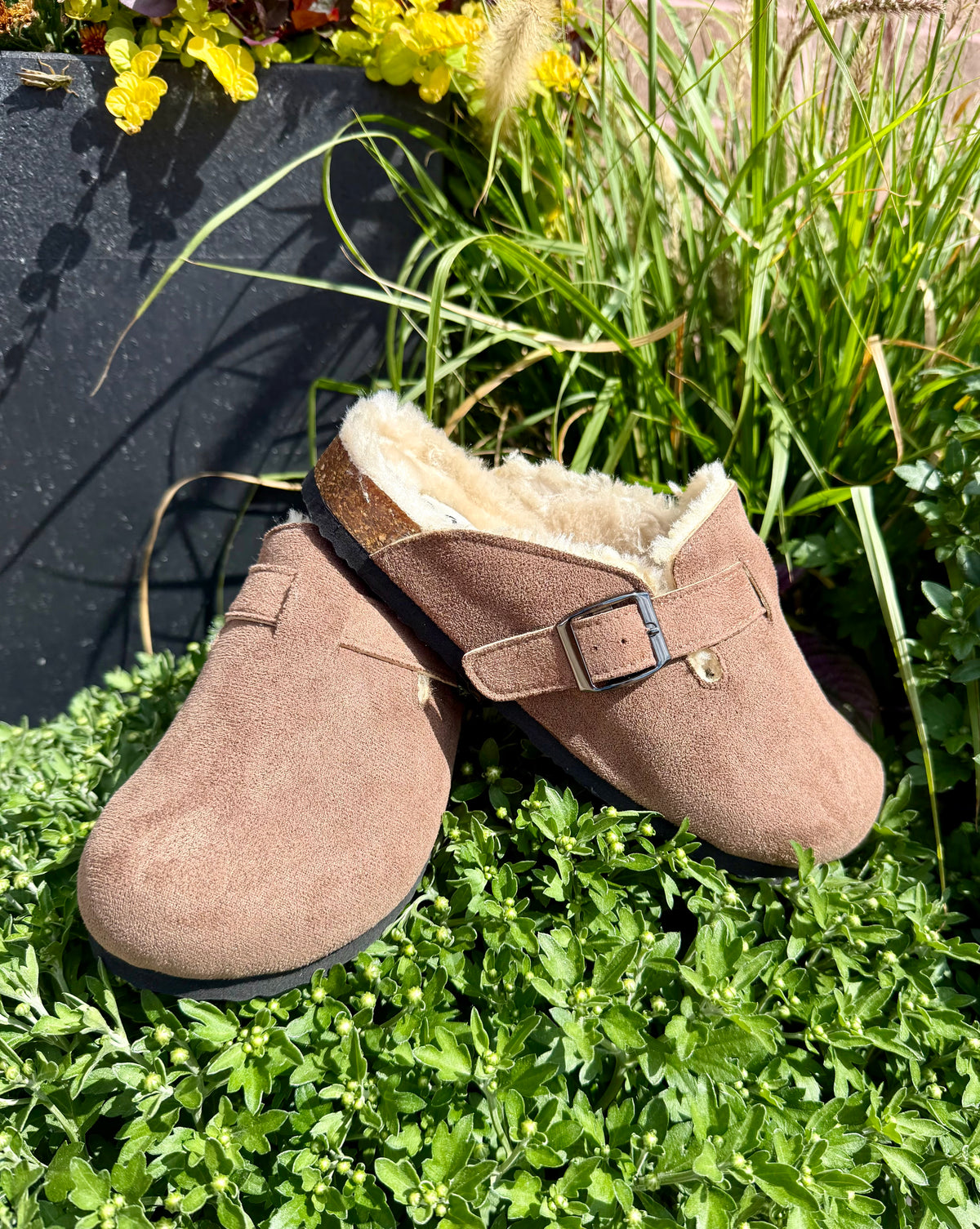 Bria Taupe Suede Buckle Clog with Faux Fur Lining