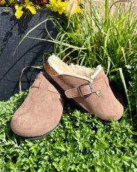 Bria Taupe Suede Buckle Clog with Faux Fur Lining