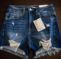 Kennedy Distressed Hem Denim Shorts: Dark Wash