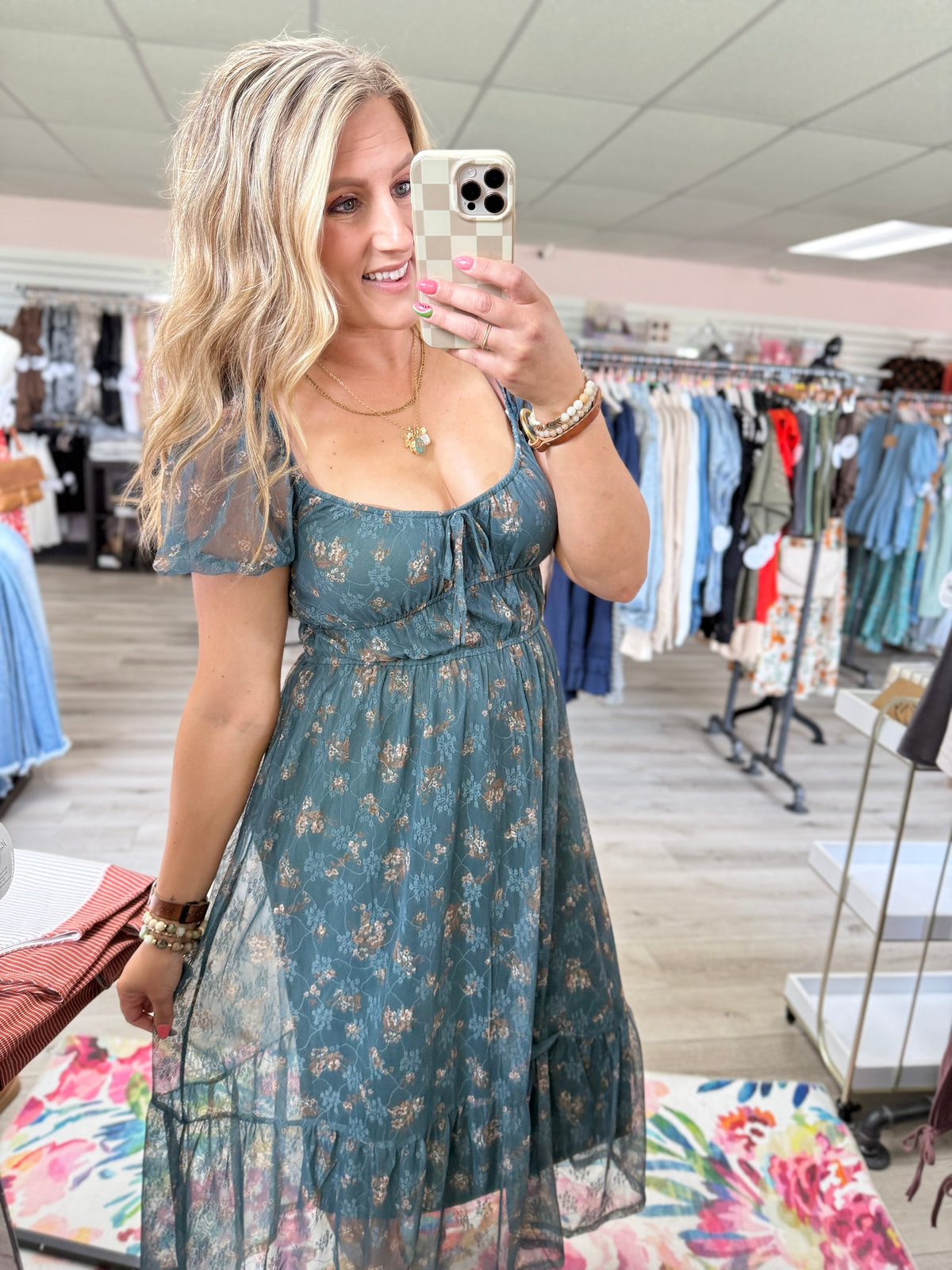 The Meadow Rose Sheer Puff Sleeve Midi Dress – Teal Floral