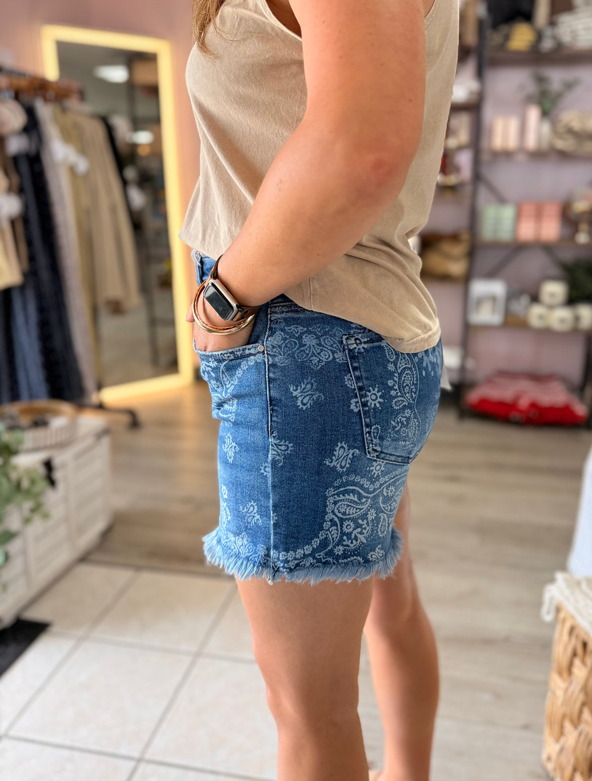 Liberty Paisley High Rise Denim Shorts: Dark Wash b
