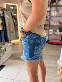 Liberty Paisley High Rise Denim Shorts: Dark Wash b