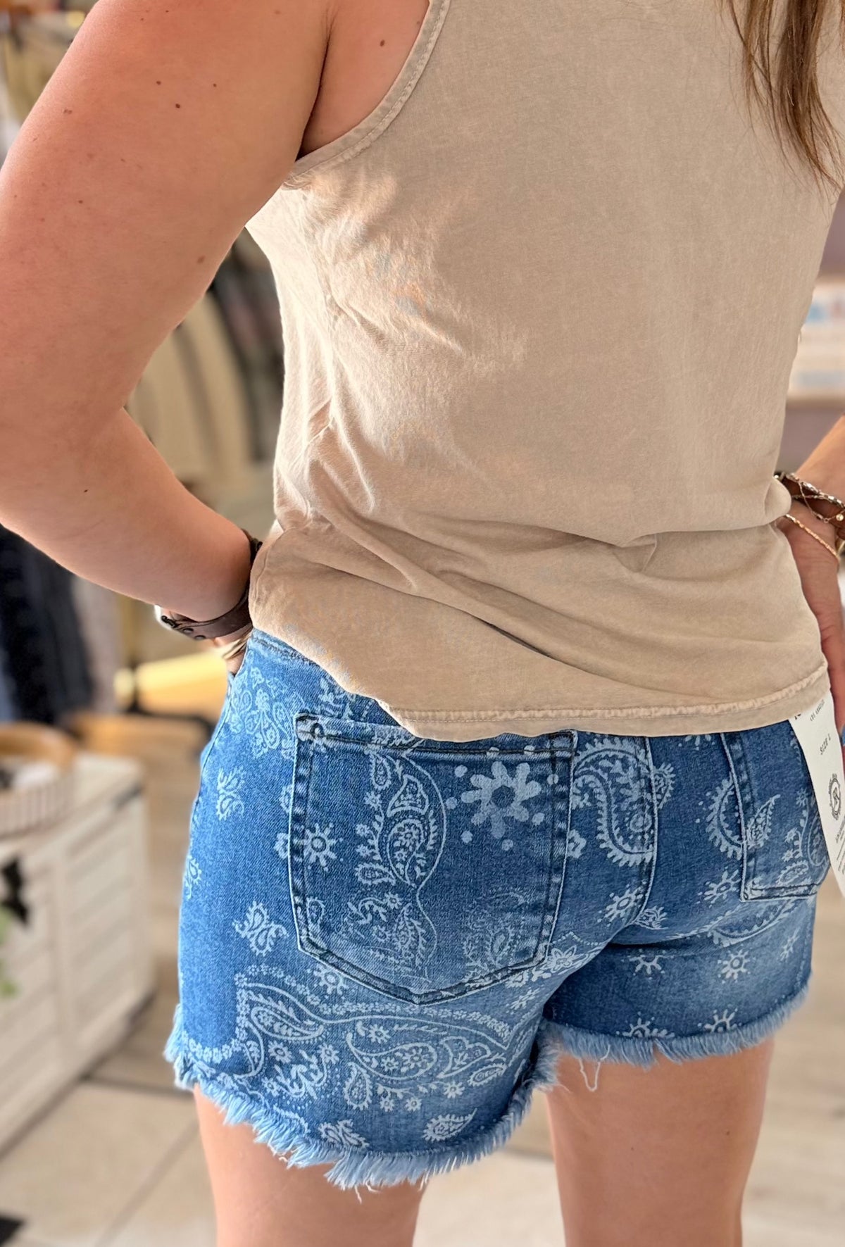 Liberty Paisley High Rise Denim Shorts: Dark Wash b