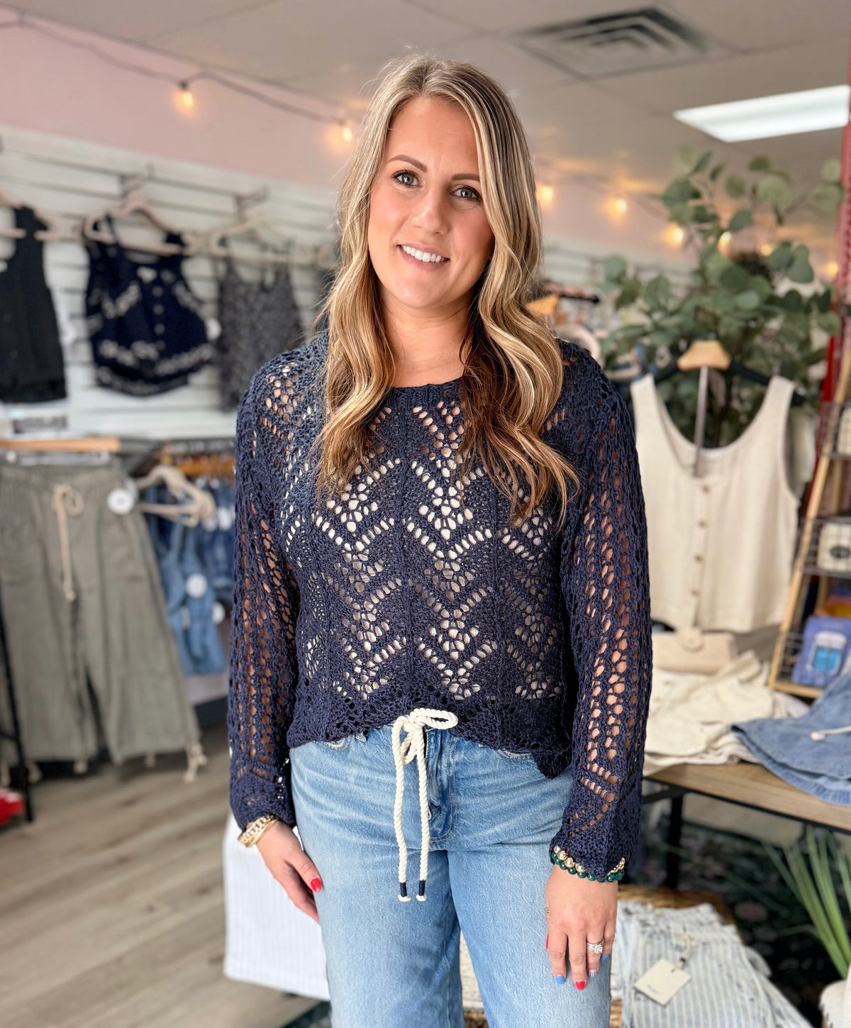 The Midnight Breeze Crochet Sweater: Navy