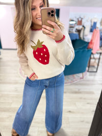 The Emmeline Strawberry Jacquard Sweater – Contrast Stitch Drop Shoulder Knit Pullover