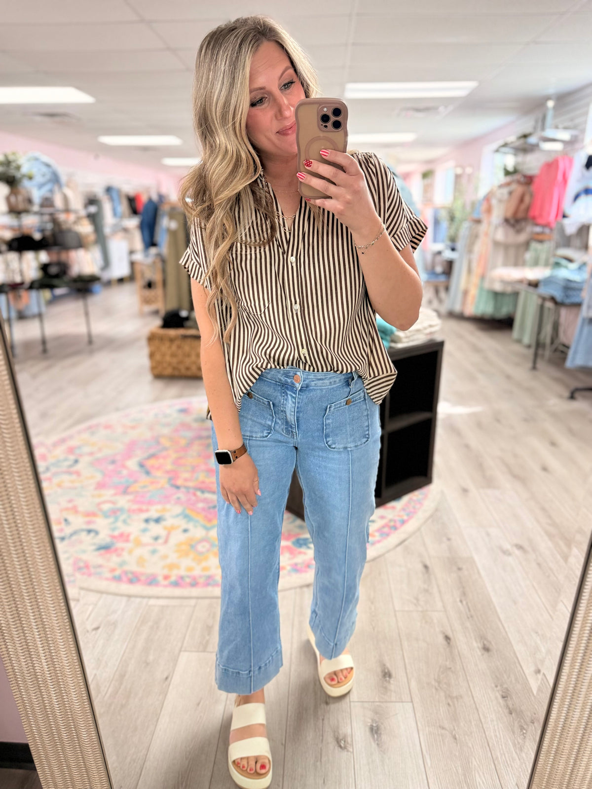 The Briar Striped Button Up Blouse: Brown – Relaxed Rayon Roll Sleeve Shirt