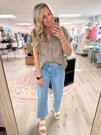 The Briar Striped Button Up Blouse: Brown – Relaxed Rayon Roll Sleeve Shirt