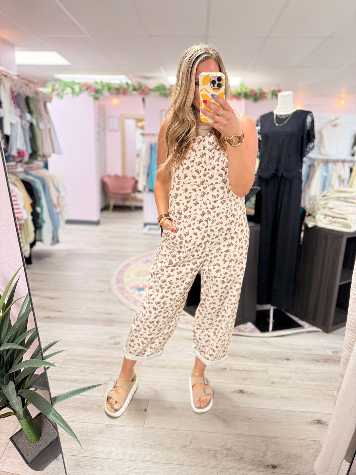 Willow Floral Barrel Leg Overalls: Oatmeal