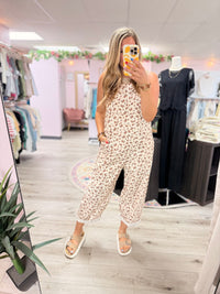 Willow Floral Barrel Leg Overalls: Oatmeal