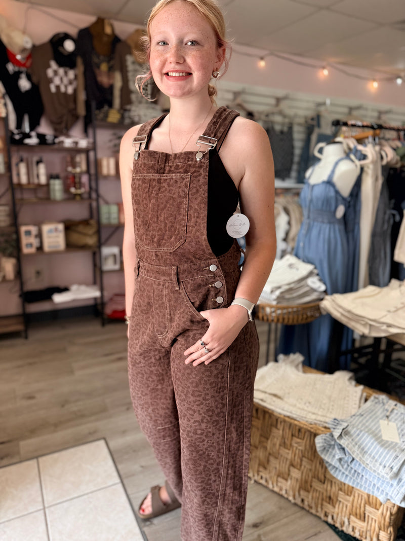 Savannah Vintage Leopard Barrel Leg Overalls
