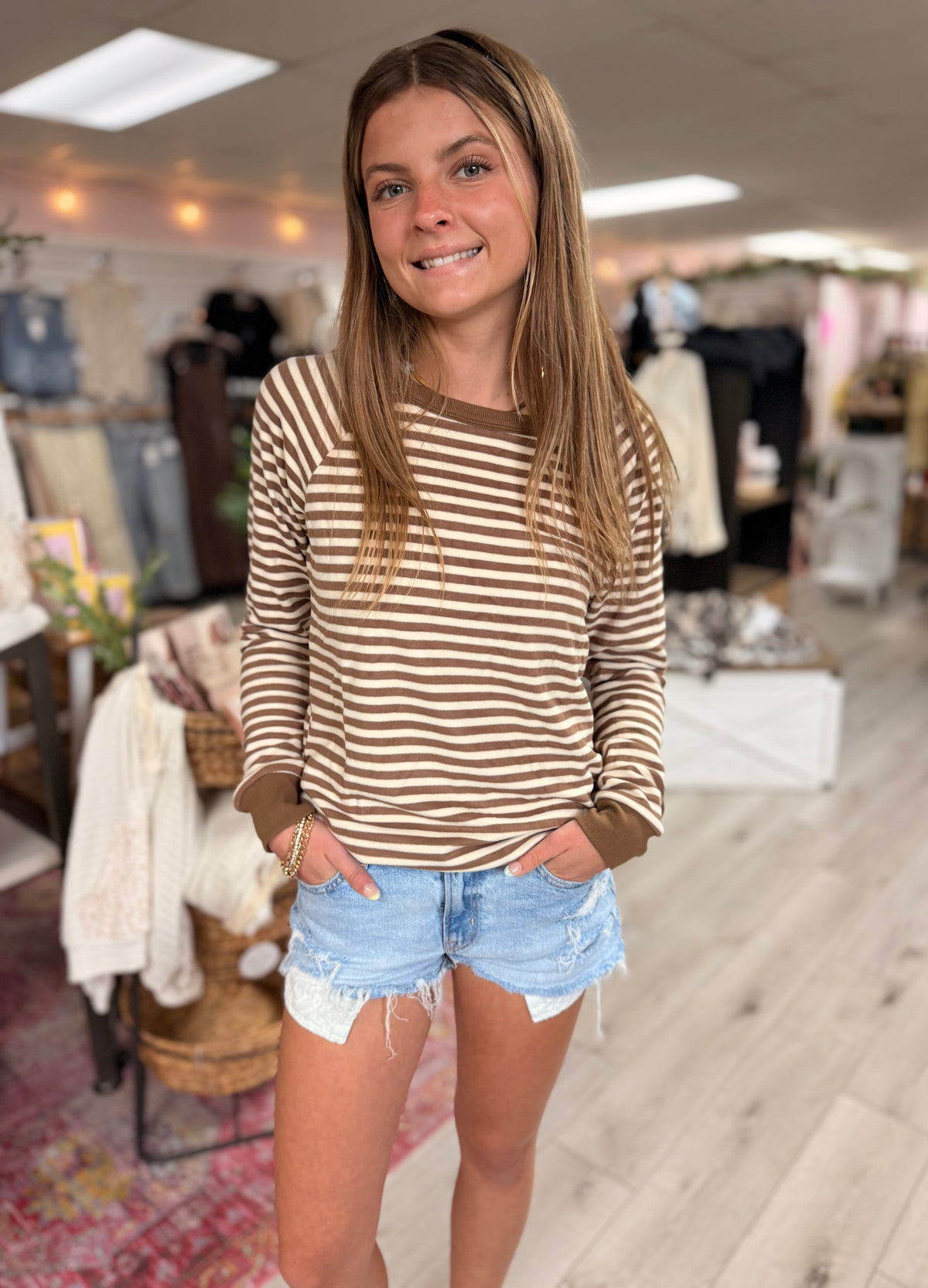 Everyday Mocha Stripe Brushed Knit Top: Mocha/ Cream