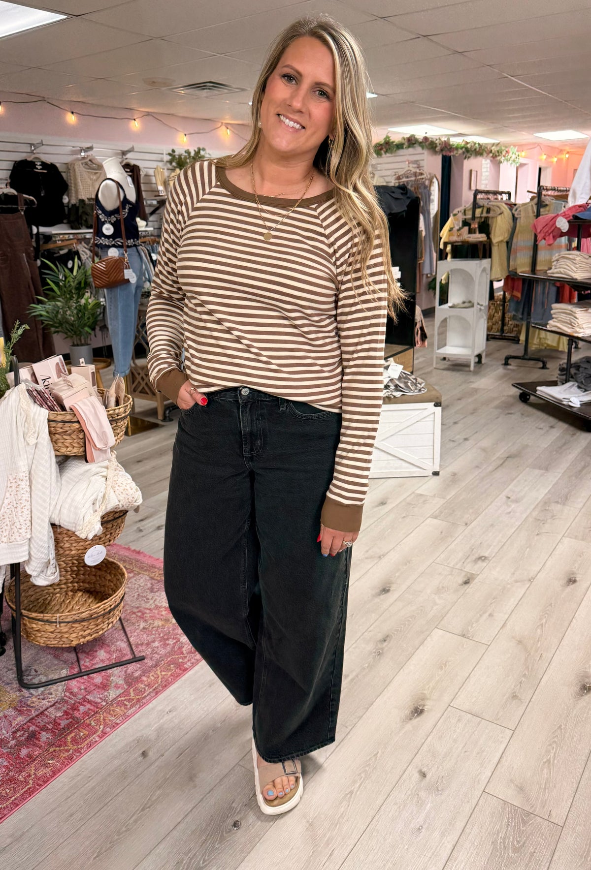 Everyday Mocha Stripe Brushed Knit Top: Mocha/ Cream