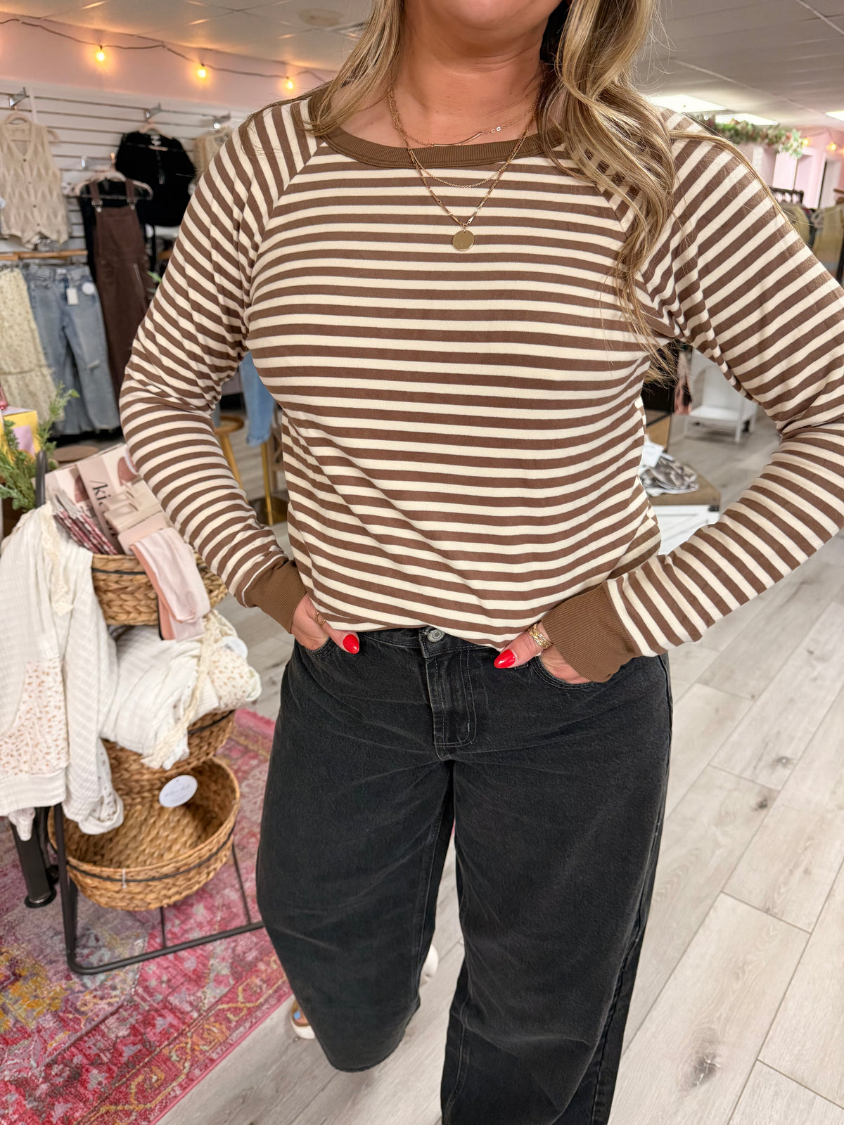 Everyday Mocha Stripe Brushed Knit Top: Mocha/ Cream