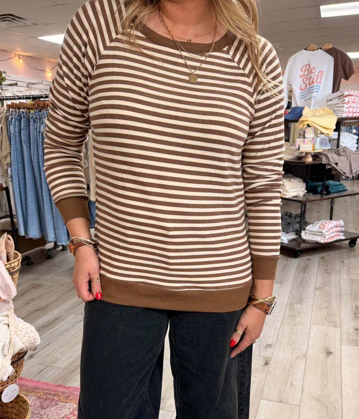 Everyday Mocha Stripe Brushed Knit Top: Mocha/ Cream