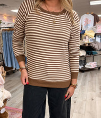 Everyday Mocha Stripe Brushed Knit Top: Mocha/ Cream