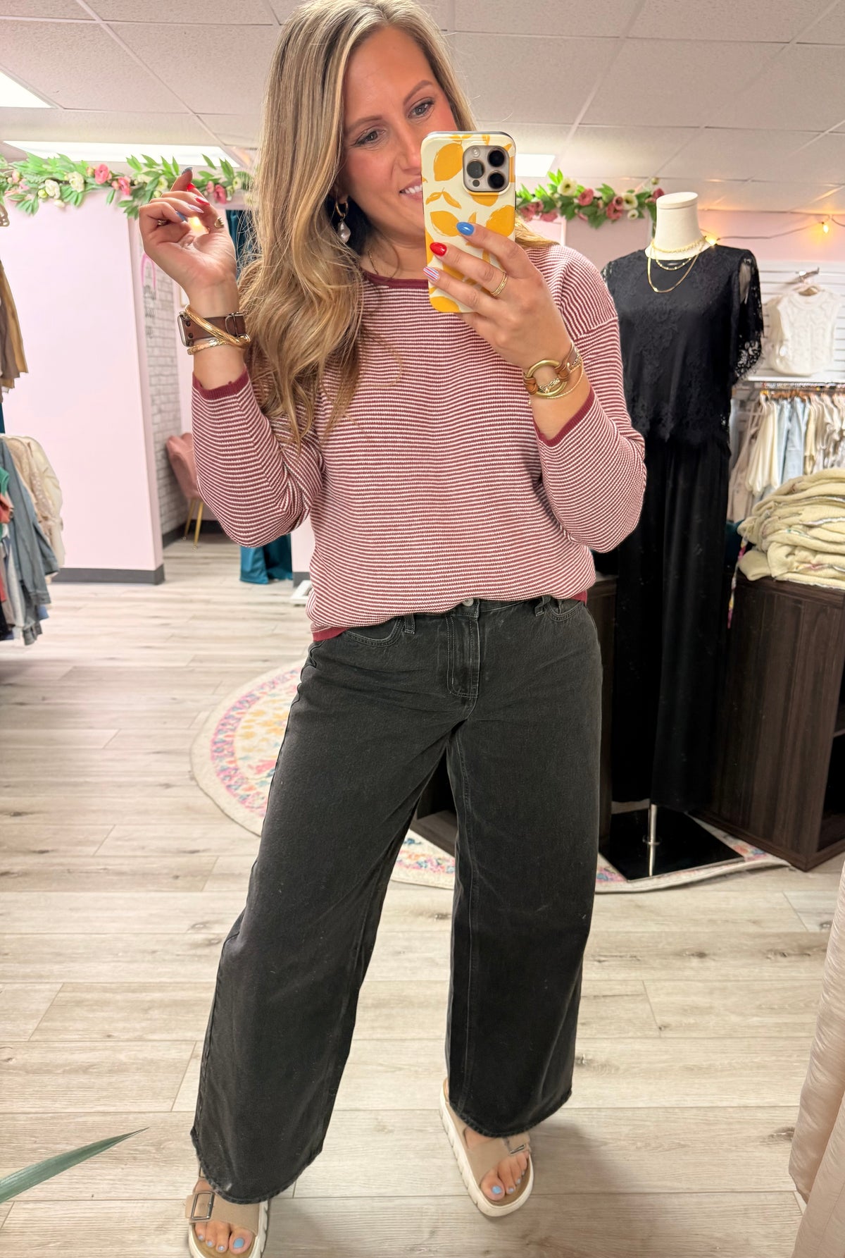 Cabernet Mini Waffle Texture Stripe Pullover Sweater: Burgundy
