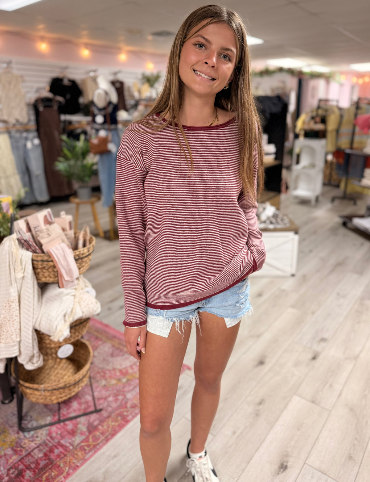 Cabernet Mini Waffle Texture Stripe Pullover Sweater: Burgundy