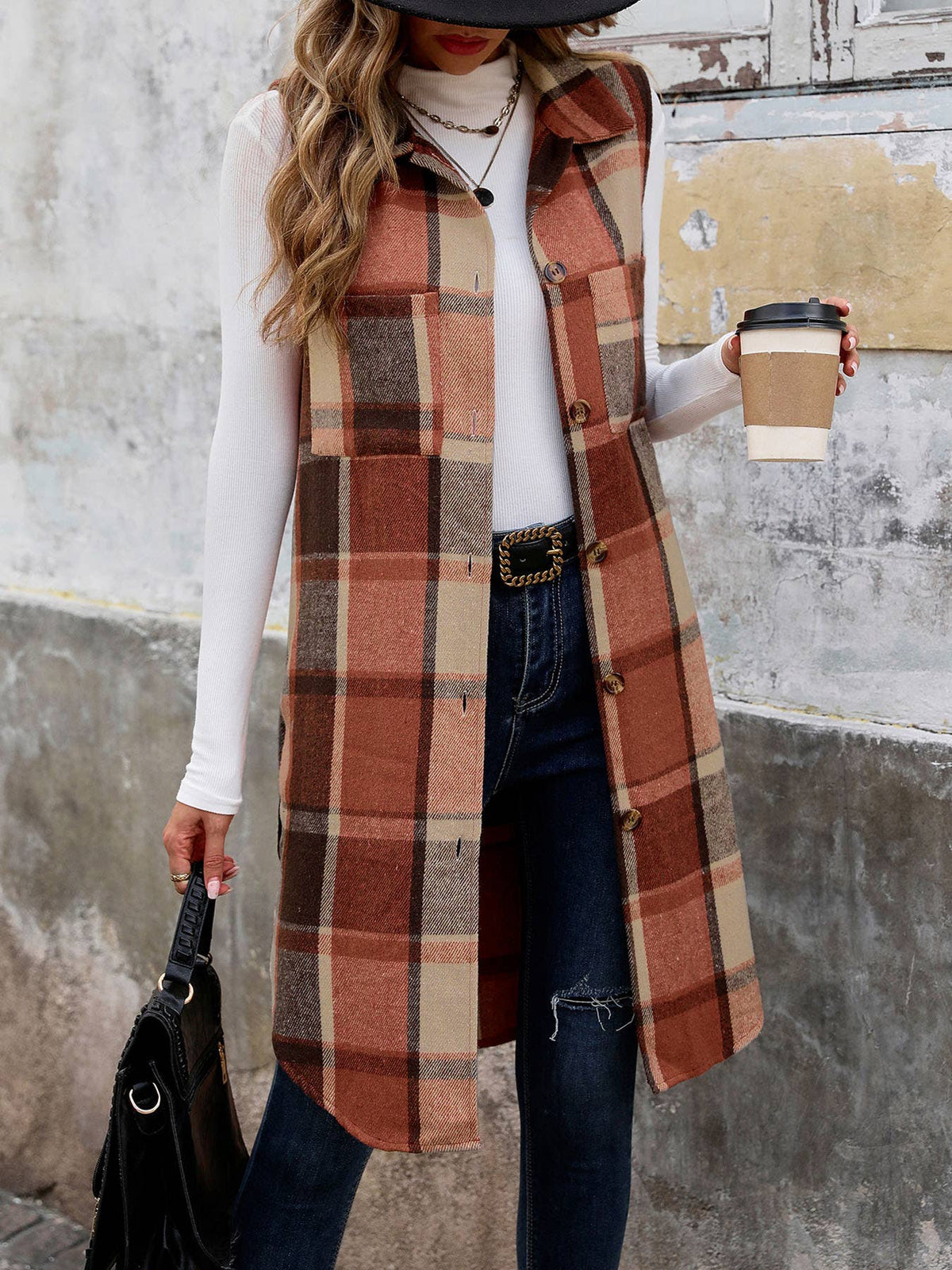 The Emery Sleeveless Plaid Longline Vest – Tan & Black Fall Layer