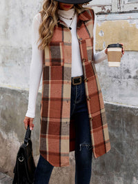 The Emery Sleeveless Plaid Longline Vest – Tan & Black Fall Layer