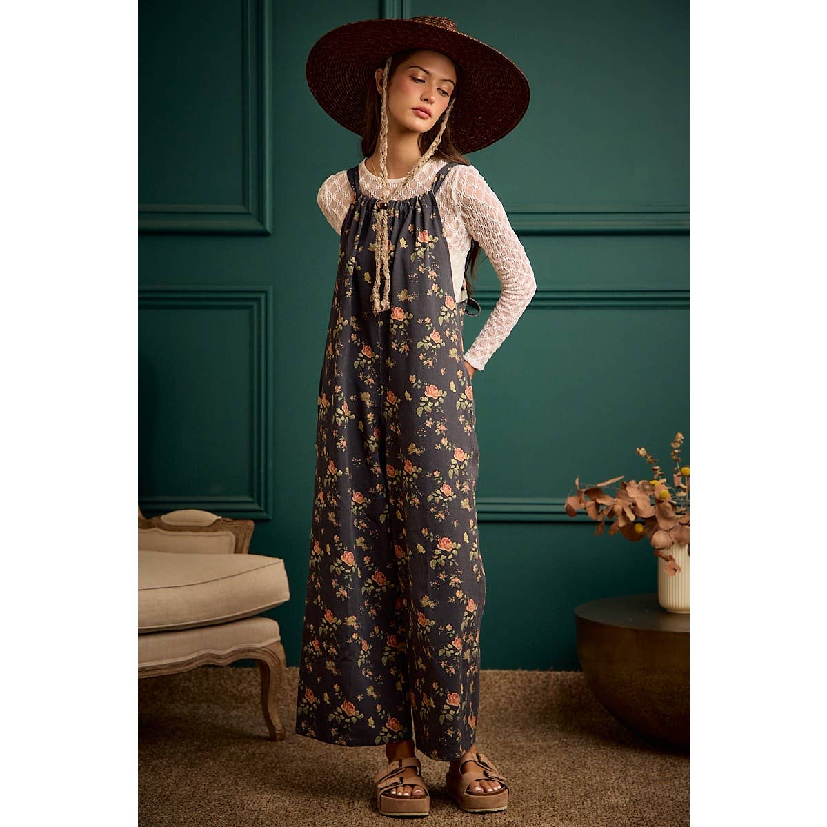 Rosewood Floral Wide Leg Overall Jumpsuit