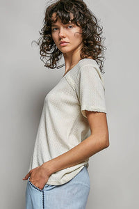 The Clara Lace Trim V Neck Top: Natural – Short Sleeve Textured Knit Everyday Basic