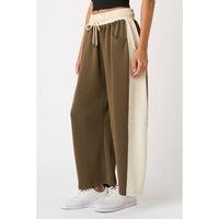 Olive Cloud Knit Contrast Stripe Barrel Pants: Olive/Ivory