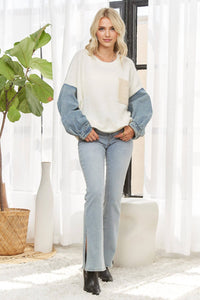 The Brinley Denim Sleeve Color Block Sweater – Cozy Mixed Knit Pullover