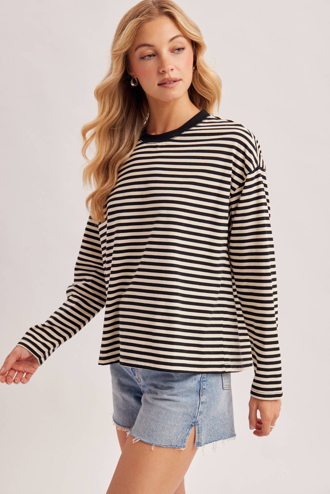 On Repeat Stripe Oversized Long Sleeve Top: Ash