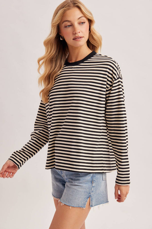 On Repeat Stripe Oversized Long Sleeve Top: Ash