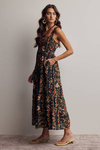 The Meadow Breeze Smocked Midi Dress: Black – Cotton Tiered Boho Dress with Pockets
