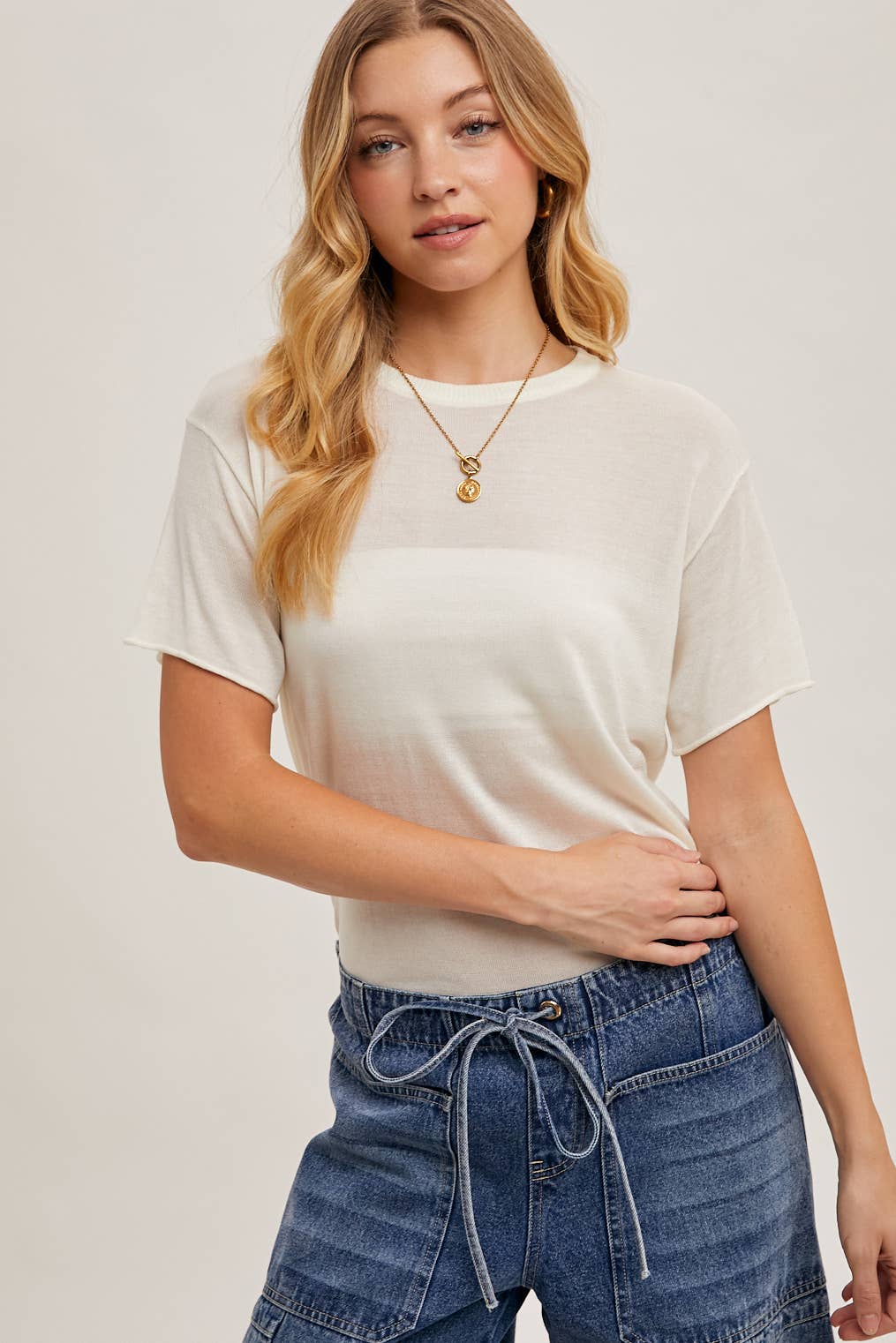 Willow Sheer Knit Crew Neck Tee – Cream & Rust Lightweight Layering Top