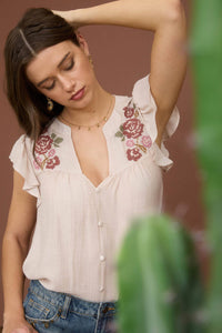 The Callie Embroidered Ruffle Sleeve Top – Black Button Front Blouse