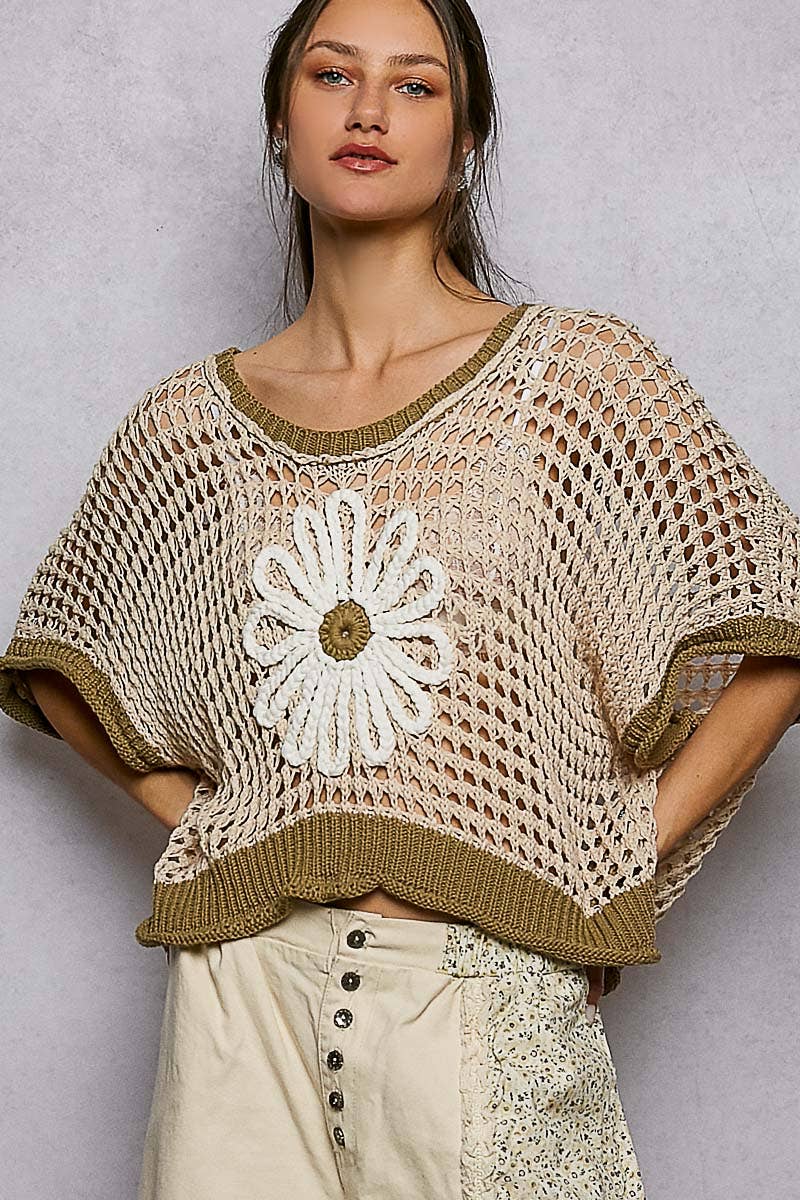 The Marigold Meadow Crochet Sweater: Beige/Olive