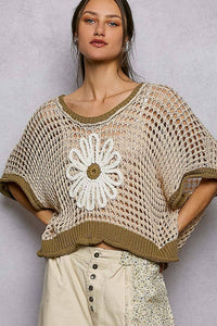The Marigold Meadow Crochet Sweater: Beige/Olive