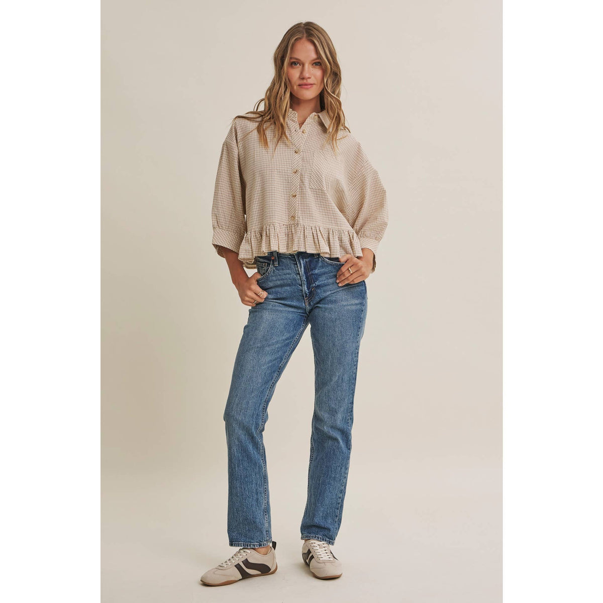 MORNING OAT MICRO CHECK RUFFLE HEM BUTTON-DOWN SHIRT: VANILLA / S