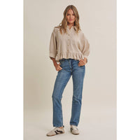 MORNING OAT MICRO CHECK RUFFLE HEM BUTTON-DOWN SHIRT: VANILLA / S