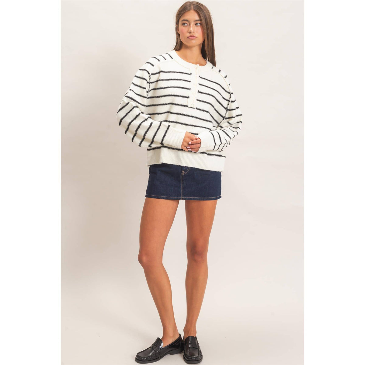 Easy Rhythm Stripe Henley Sweater: Cream