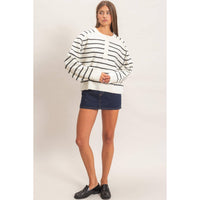Easy Rhythm Stripe Henley Sweater: Cream