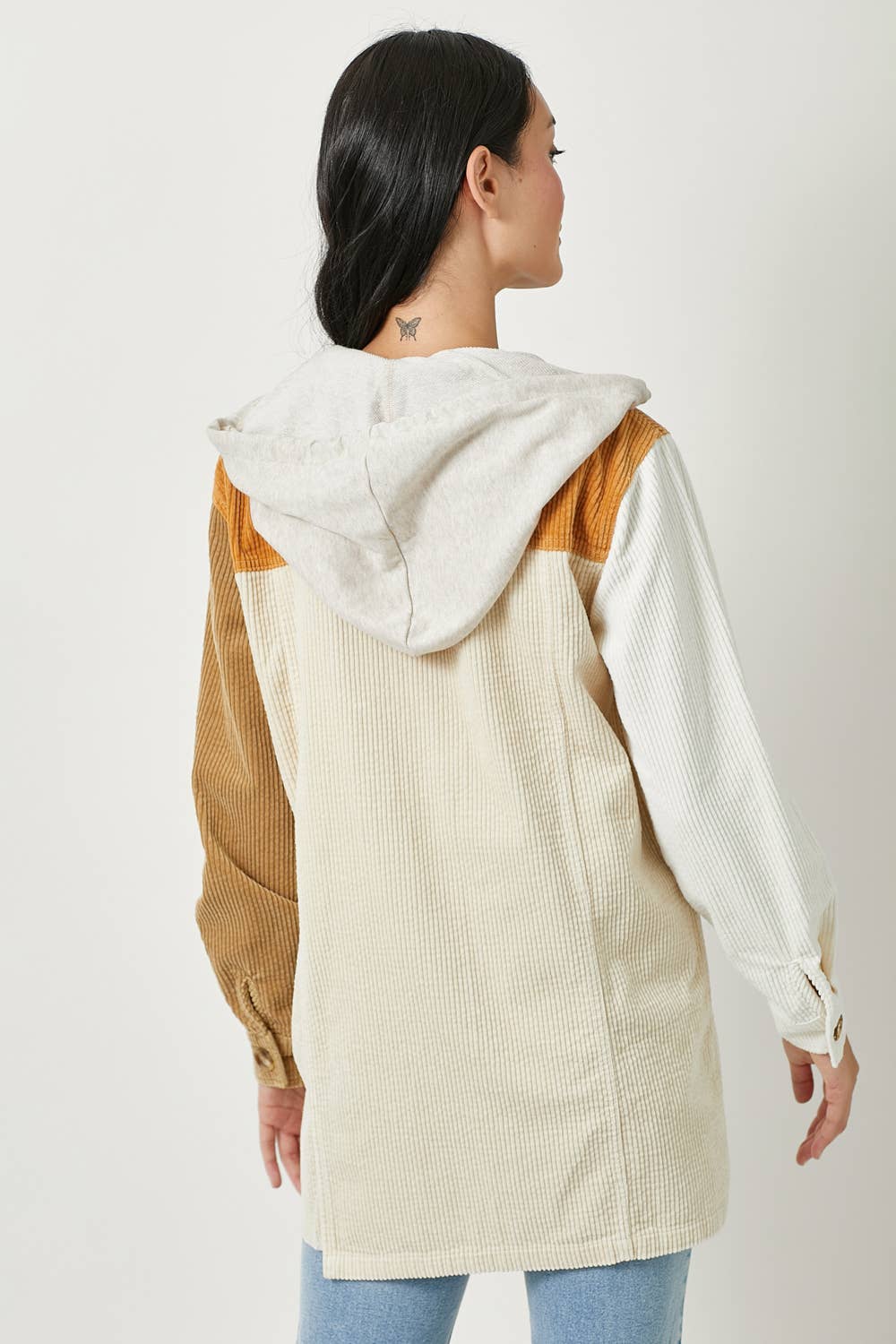 Sadie Color Block Corduroy Hoodie Shacket – Washed Button Down Hi-Low Hem