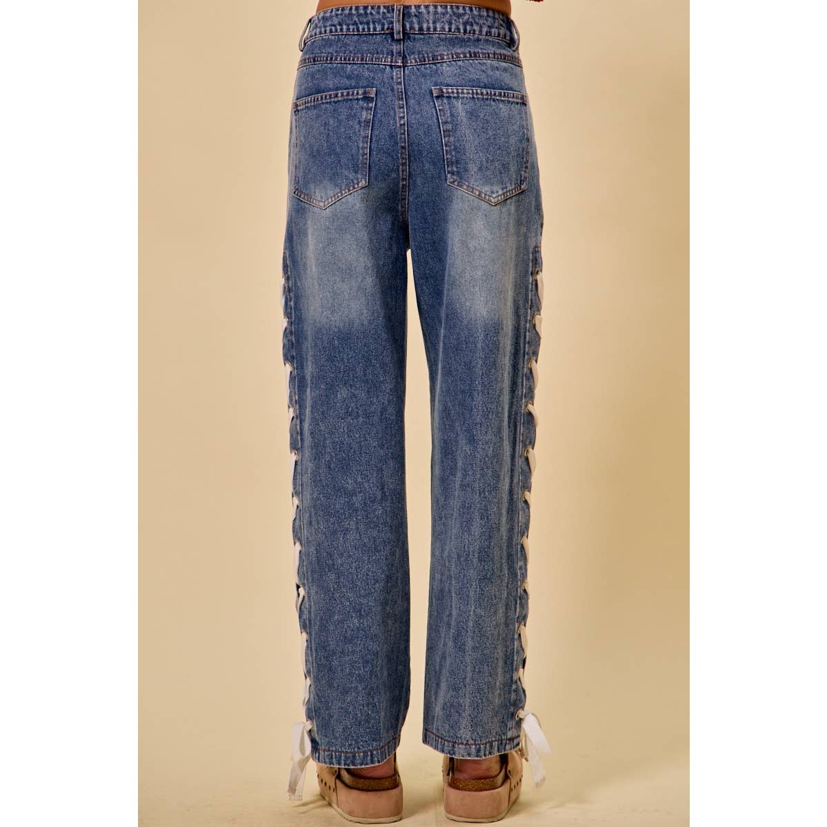 The Lacey Mid Rise Lace-Up Straight Leg Jeans: Medium Wash