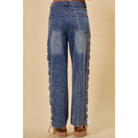 The Lacey Mid Rise Lace-Up Straight Leg Jeans: Medium Wash