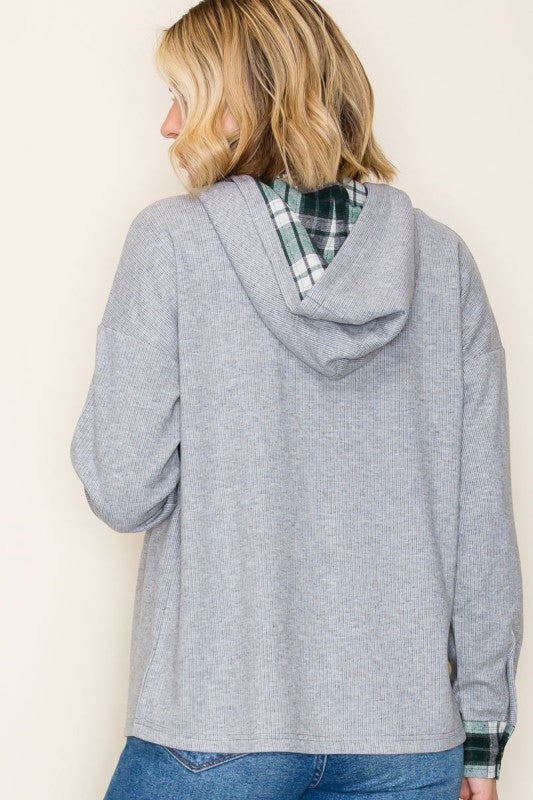 Aspen Woods Plaid Contrast Hoodie Shacket – Cozy Button Down Brushed Knit Layer for Fall & Winter