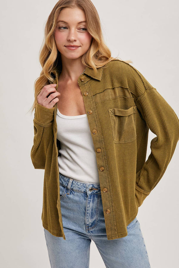 The Calla Thermal Contrast Shacket:Olive – Textured Button-Down Layer | Northern Belle Boutique
