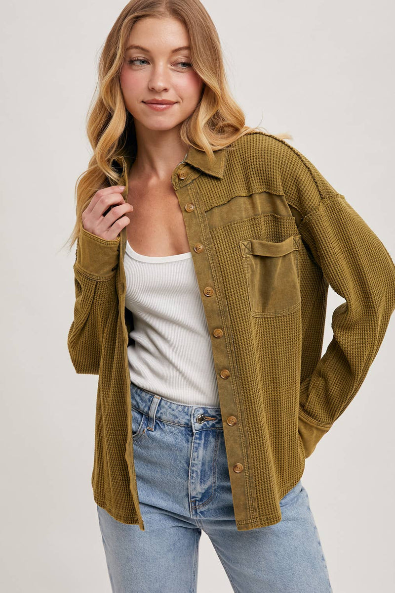 The Calla Thermal Contrast Shacket:Olive – Textured Button-Down Layer | Northern Belle Boutique