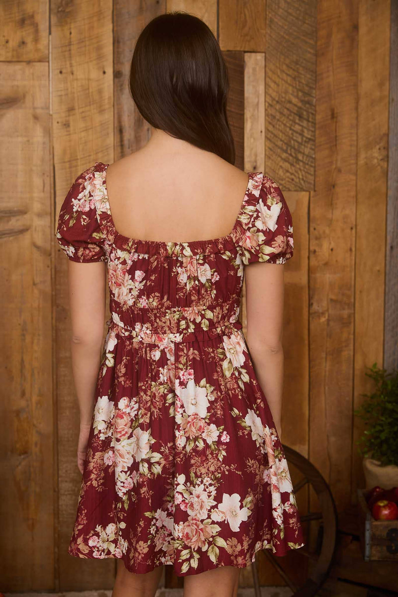 The Delilah Floral Puff Sleeve Mini Dress – Wine Rose Print with Lined Skirt