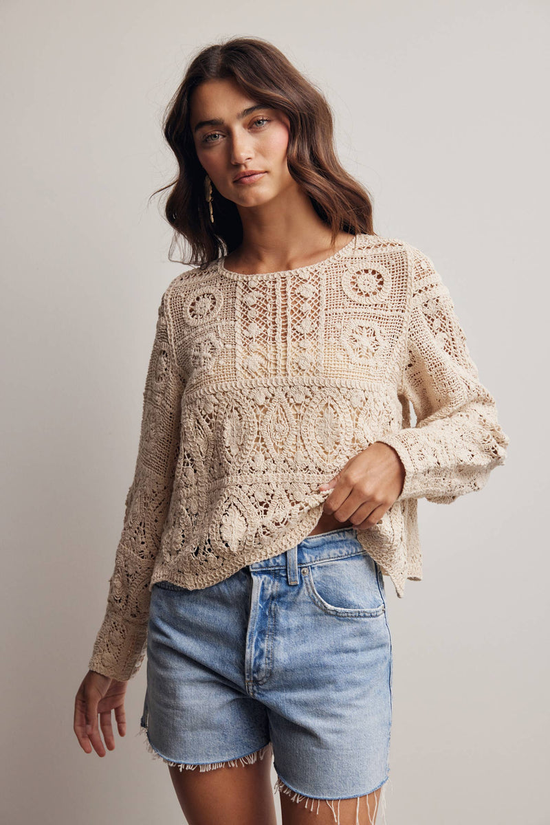 The Meadow Crochet Lace Long Sleeve Top: Ecru