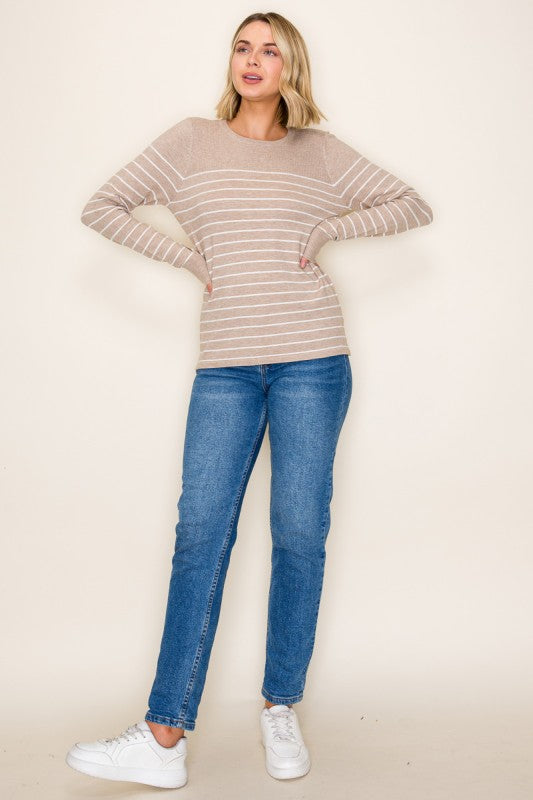 The Kaylen Striped Crewneck Sweater – Soft Taupe & White Knit