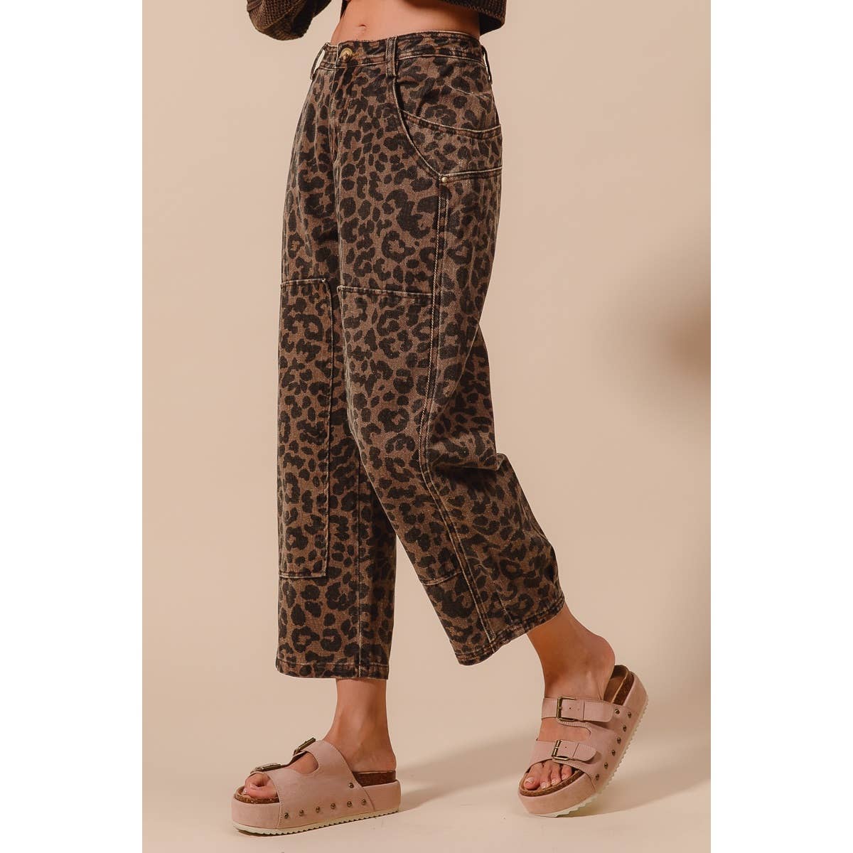 The Wild Side Leopard Barrel Jeans: Mocha