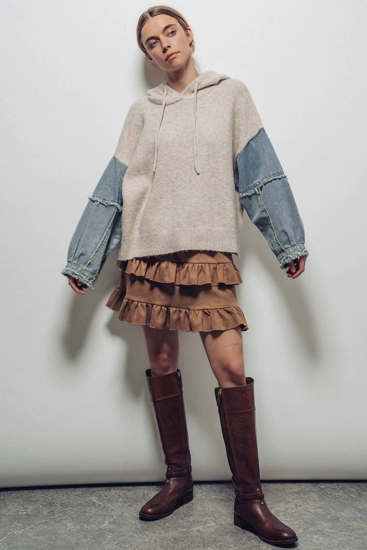 Snowfall Patchwork Hoodie – Mixed-Media Knit & Denim Sleeve Pullover | Northern Belle Boutique